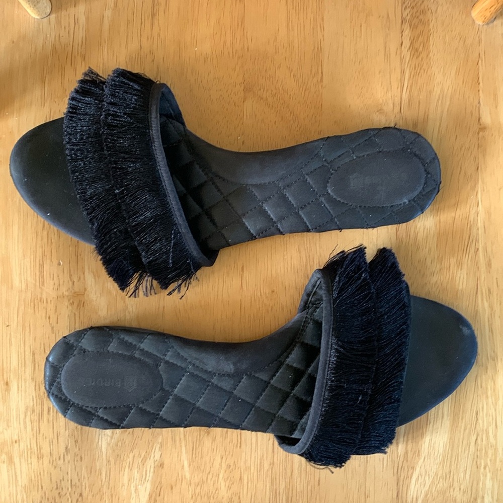 Black Birdies The Sparrow slide sandals with fringe, size 9.5